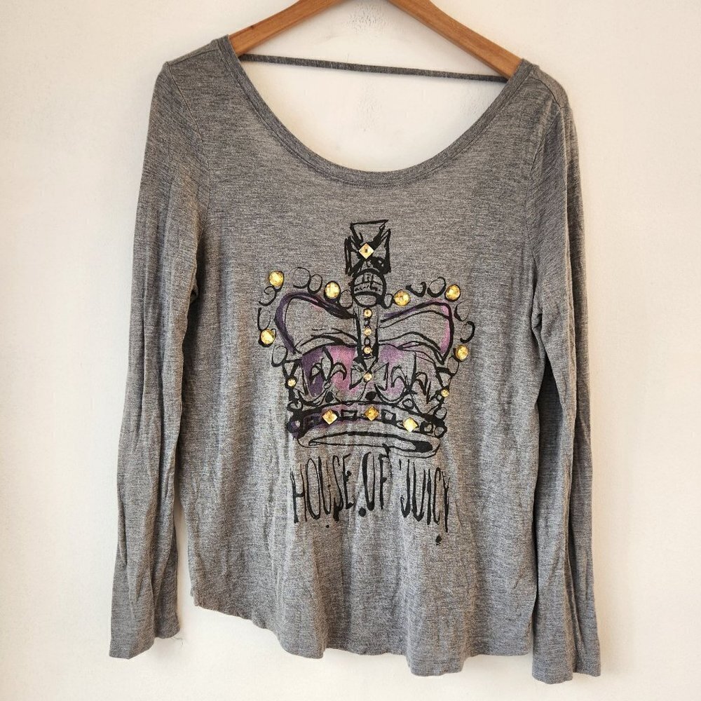 Juicy Couture Grey Long Sleeve Graphic Tee T-Shirt Top Beaded Crown Y2K Size L